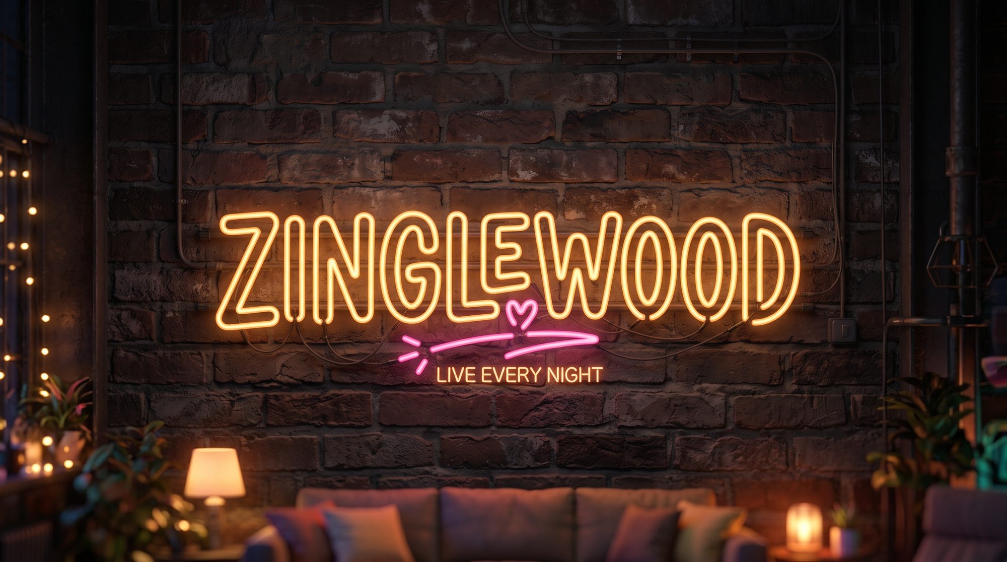 The ZINGLEWOOD neon sign in the loft - live every night